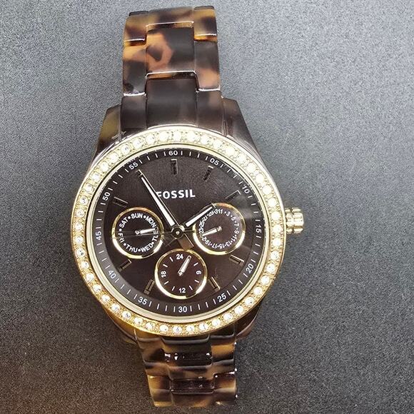 Women's Fossil Faux Tortoise Shell Watch Brown Rhinestone Quartz WORKS - Picture 3 of 9